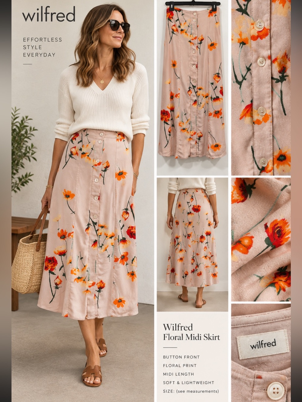 Wilfred Pink Midi Skirt with Orange Floral Print